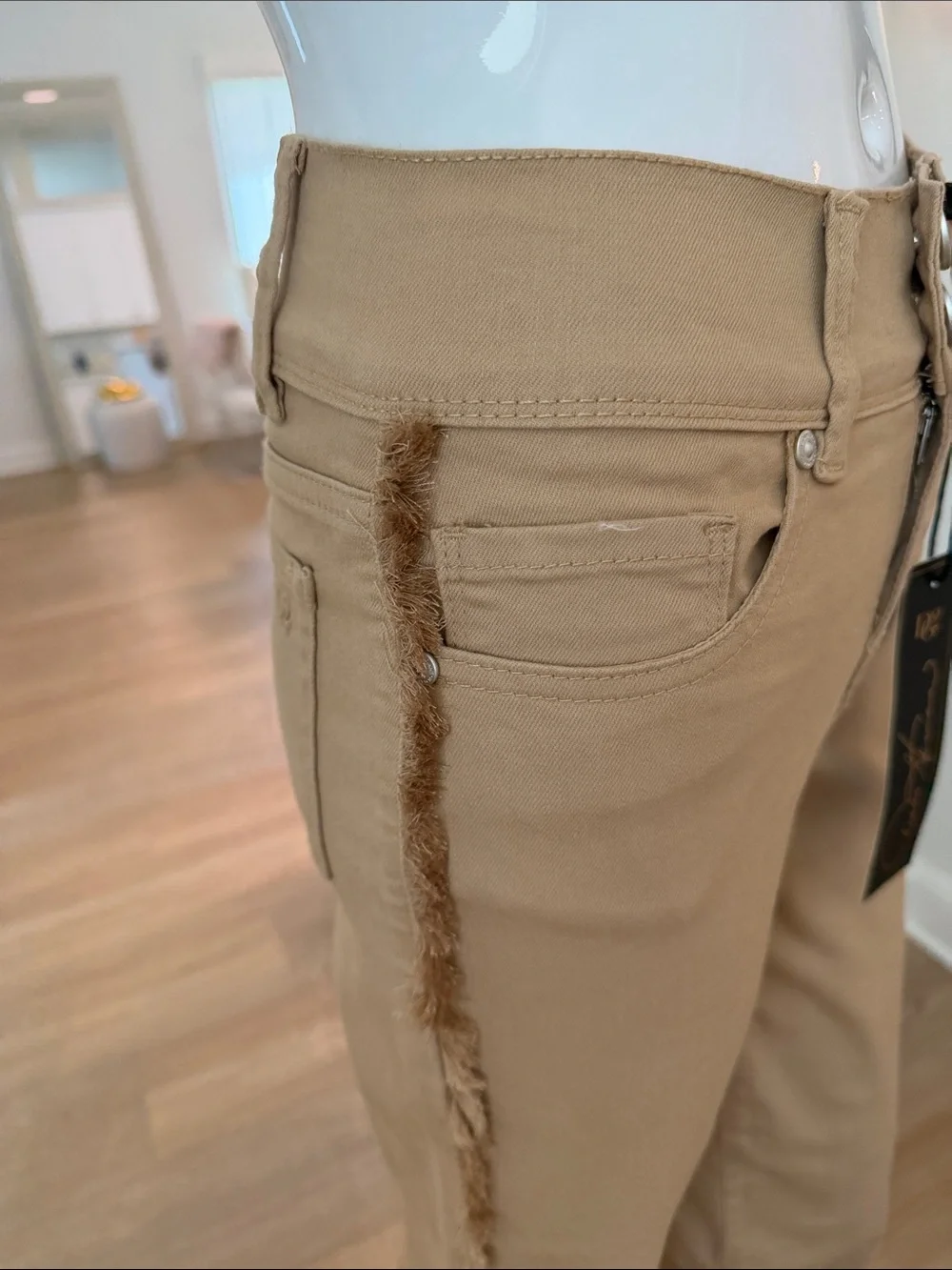 DG2  Tan Straight-Leg Jeans with Frayed Side Trim